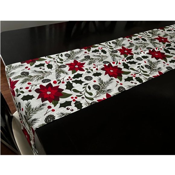 Christmas Table Runner Red Holiday Decorative Cloth Poinsettia Decor Decoration - Picture 1 of 10